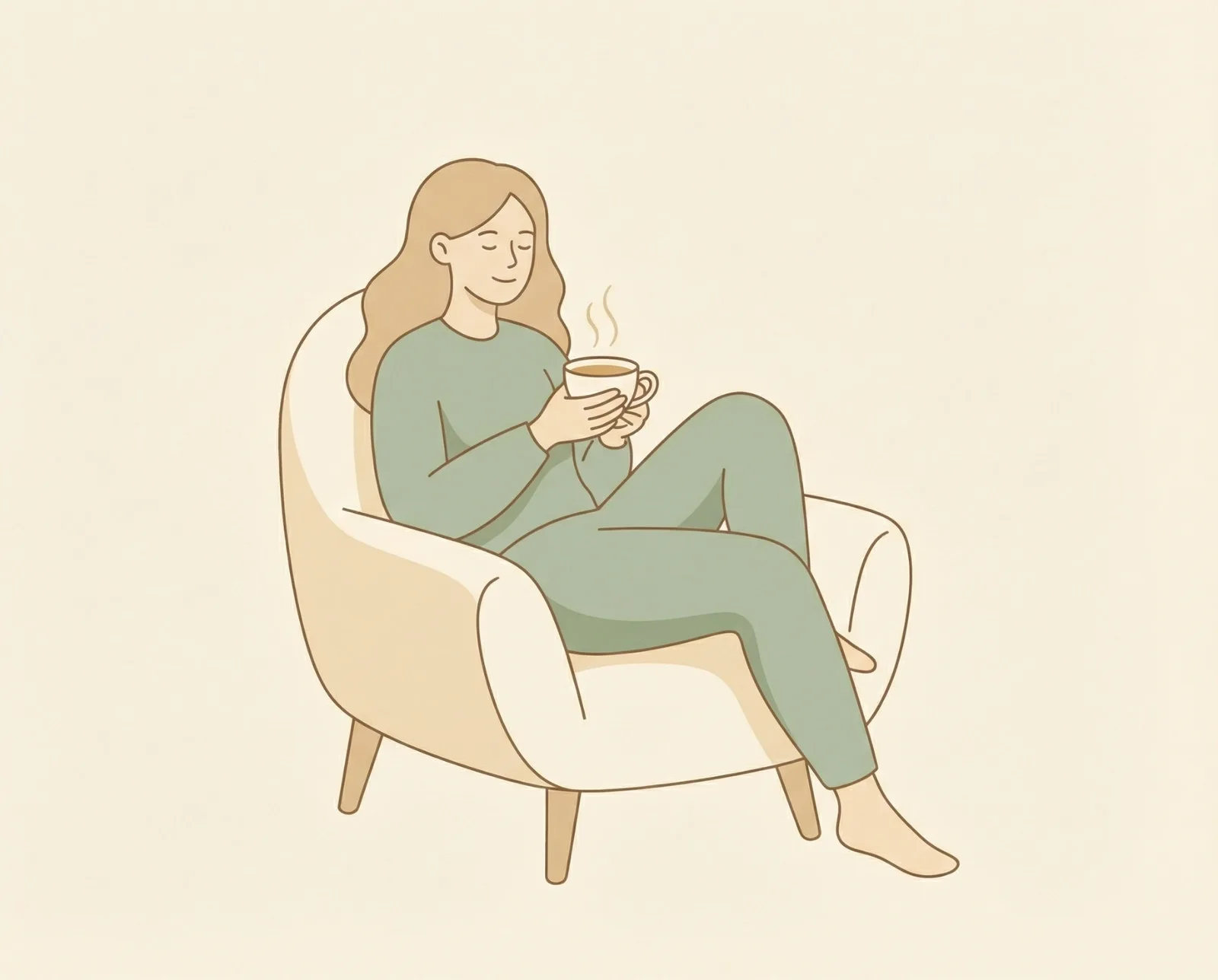 Krok 3: Zrelaksuj się na 20 minut — kobieta pije herbatę podczas treningu mięśni